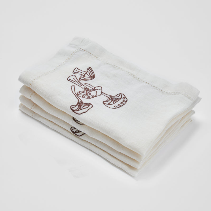 100% Linen Napkin Set with Hem Stitch & Embroidery Detail in White