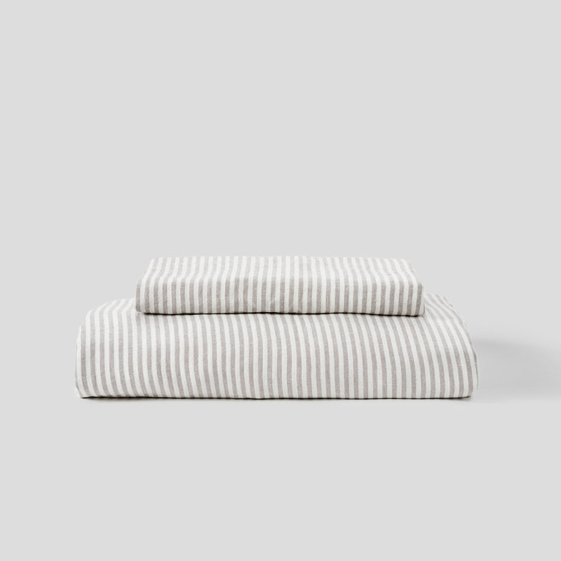 100% Linen Duvet Set in Grey & White Stripe