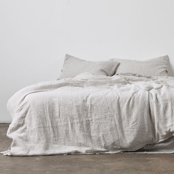 100% Linen Duvet Set in Grey & White Stripe