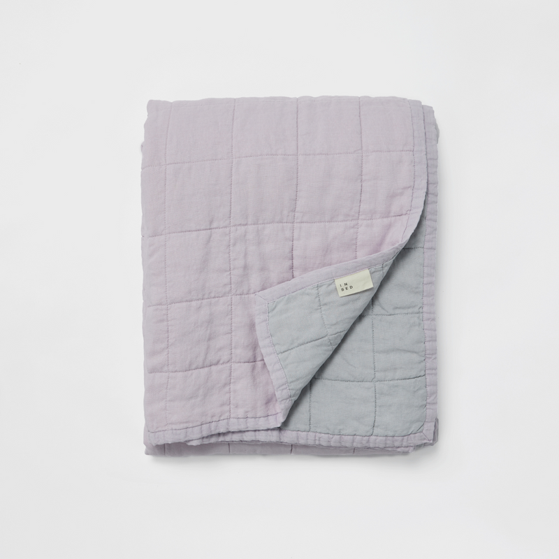 100% Linen Two Tone Quilted Bed Cover in Lilac & Mist
