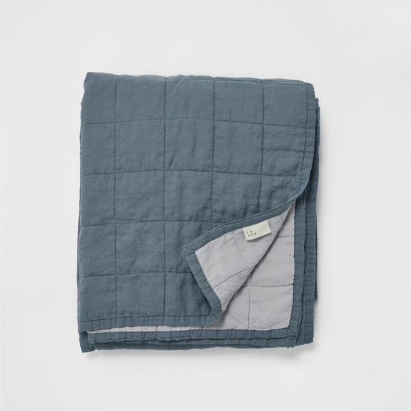 100% Linen Two Tone Quilted Bed Cover in Lake & Mist