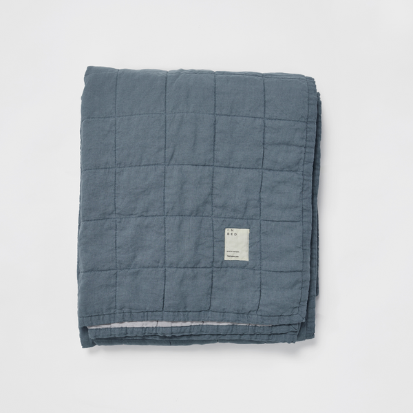 100% Linen Two Tone Quilted Bed Cover in Lake & Mist