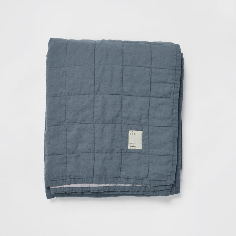 100% Linen Two Tone Quilted Bed Cover in Lake & Mist