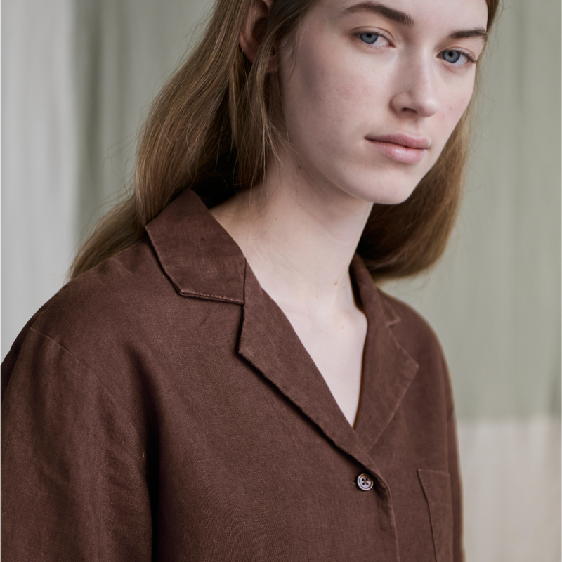 100% Linen Boxy Short Sleeve Shirt in Cocoa