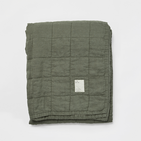 100% Linen Two Tone Quilted Bed Cover in Khaki & Stone