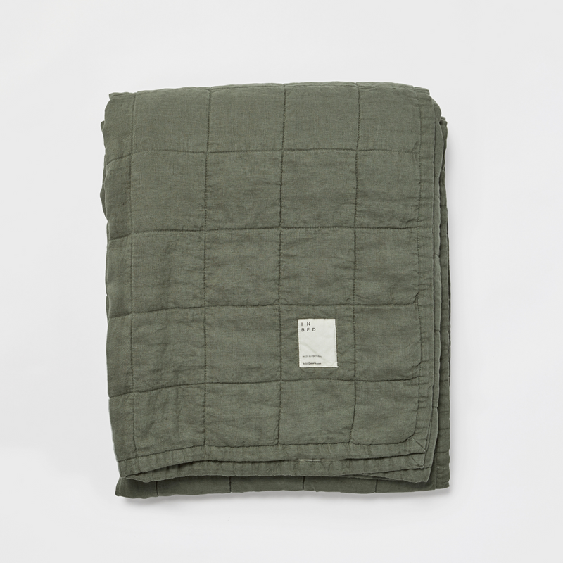 100% Linen Two Tone Quilted Bed Cover in Khaki & Stone