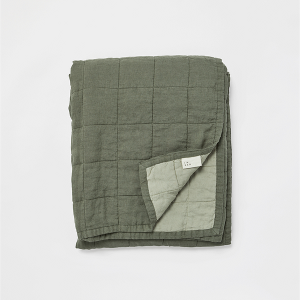 100% Linen Two Tone Quilted Bed Cover in Khaki & Stone