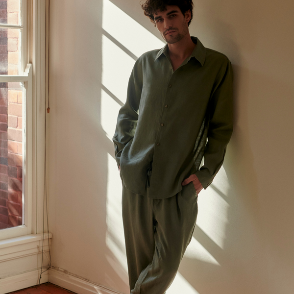 100% Linen Long Sleeve Sleepwear Set in Khaki - Mens