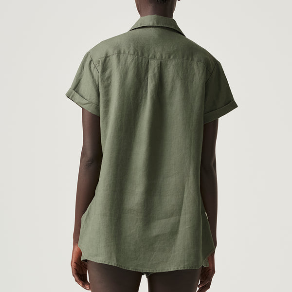 100% Linen Short Sleeve Shirt in Khaki