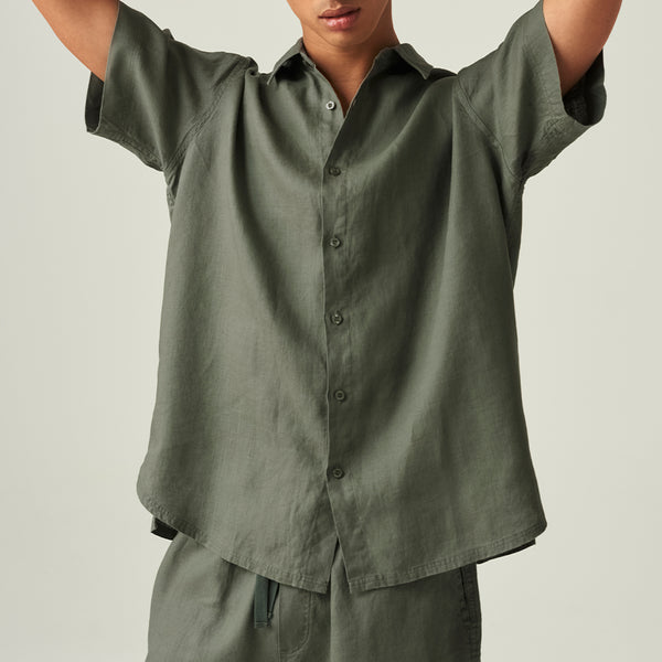 100% Linen Short Sleeve Shirt in Khaki - Mens