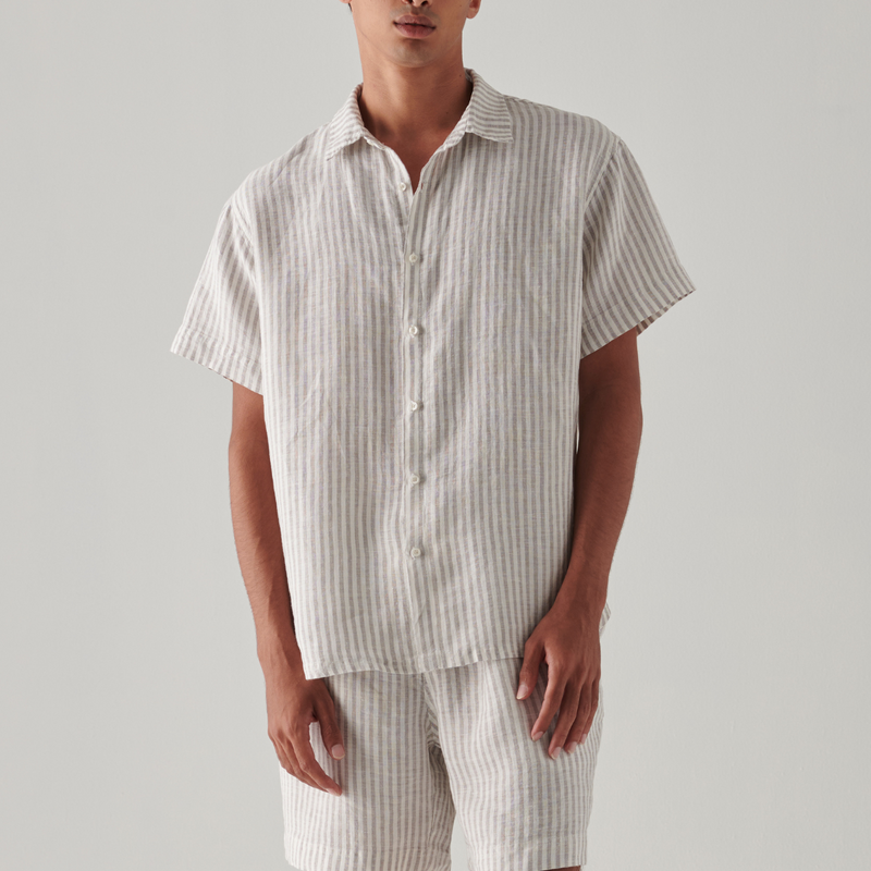 100% Linen Short Sleeve Shirt in Grey & White Stripe - Mens